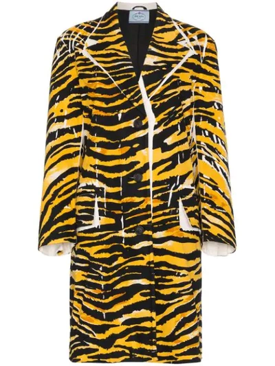 Shop Prada Single Breasted Tiger Print Coat In F0388 Topazio