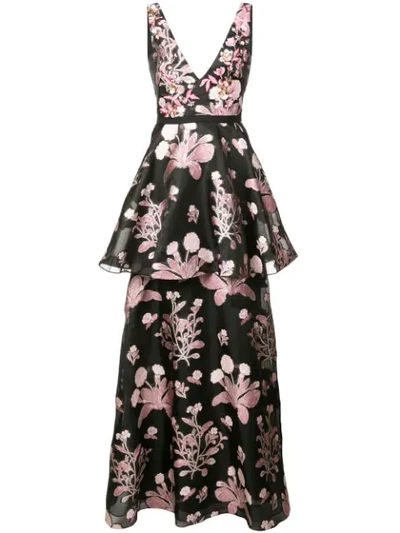 Shop Marchesa Notte Embellished Floral Sleeveless Gown In Black
