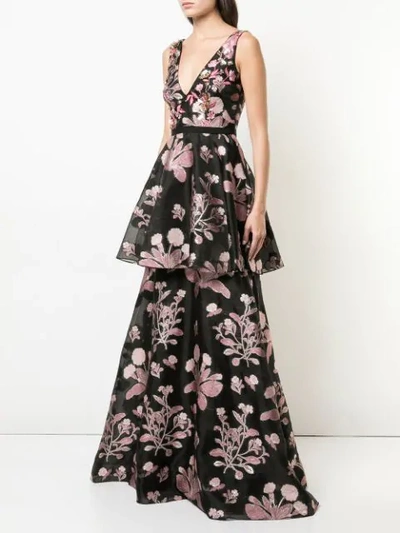 Shop Marchesa Notte Embellished Floral Sleeveless Gown In Black