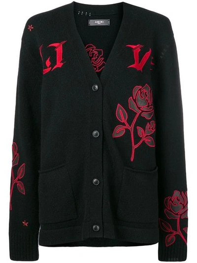 Shop Amiri Embroidered Flower Cardigan In Black