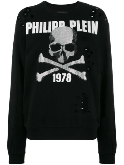 Shop Philipp Plein Rhinestone Skull Holey Jumper In Black