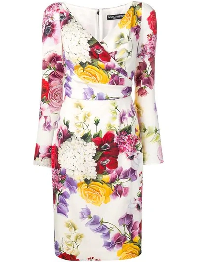 Shop Dolce & Gabbana Floral Print Long-sleeve Dress In White