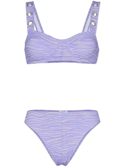 Shop Ack Tiger Print Perforated Detail Bikini Set In Purple