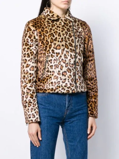 Shop Liu •jo Leopard Print Faux Fur Biker Jacket In Brown