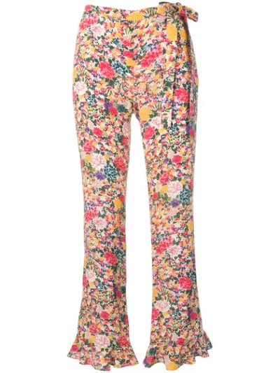 Shop Etro Flower Print Flare Trousers In Yellow
