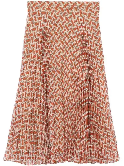 Shop Burberry Monogram Print Pleated Skirt In Red