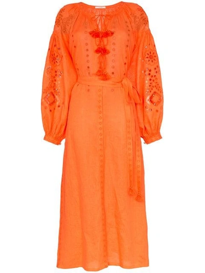 Shop Vita Kin Cherry Blossom Embroidered Linen Dress In Orange