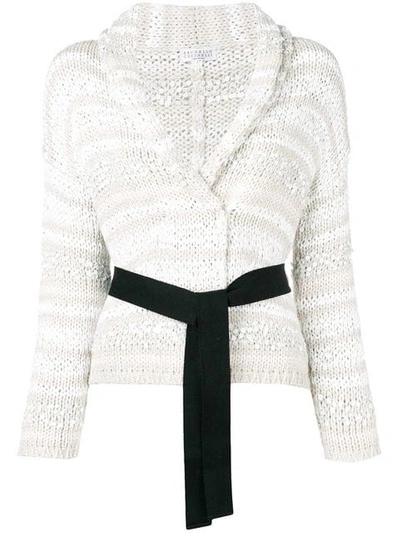 Shop Brunello Cucinelli Belted Chunky Knit Cardigan In Neutrals