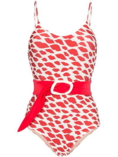 Shop Adriana Degreas Bacio Lips-print Swimsuit In Red