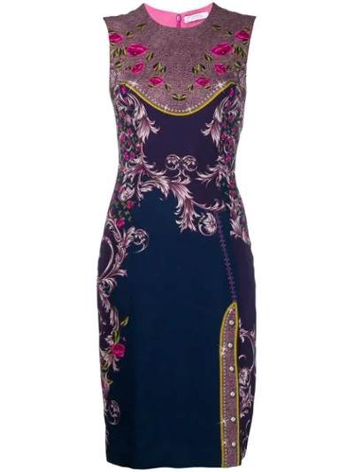 Shop Versace Floral Print Fitted Dress In Purple