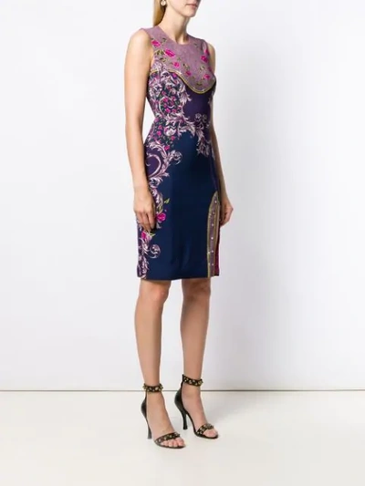 Shop Versace Floral Print Fitted Dress In Purple