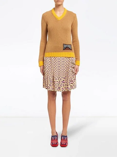 Shop Prada Intarsia Logo Jumper In Neutrals ,yellow