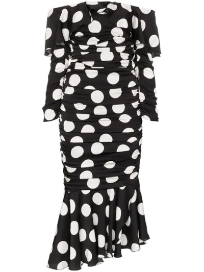 Shop Dolce & Gabbana Off-the-shoulder Polka Dot Silk Blend Dress In Black