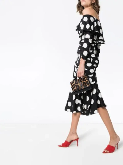 Shop Dolce & Gabbana Off-the-shoulder Polka Dot Silk Blend Dress In Black