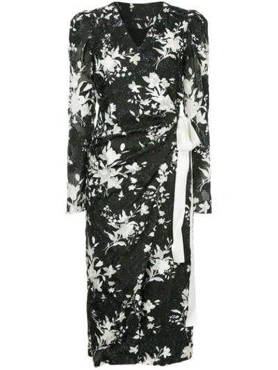 Shop Goen J Fringed Floral Wrap Dress In Black