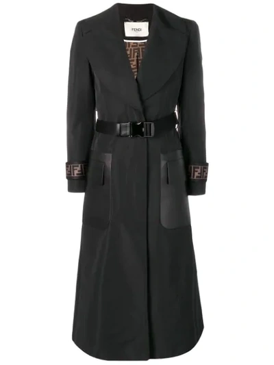 Shop Fendi Belted Ff Motif Overcoat In Black