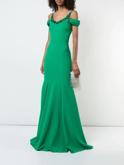 Shop Marchesa Notte Cold Shoulder Stretch Crepe Gown In Green