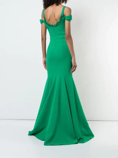 Shop Marchesa Notte Cold Shoulder Stretch Crepe Gown In Green