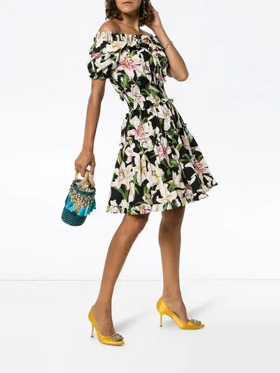 Shop Dolce & Gabbana Off-the-shoulder Lily Print Dress In Black