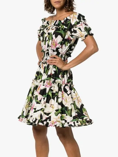 Shop Dolce & Gabbana Off-the-shoulder Lily Print Dress In Black