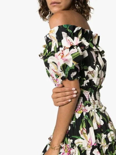 Shop Dolce & Gabbana Off-the-shoulder Lily Print Dress In Black