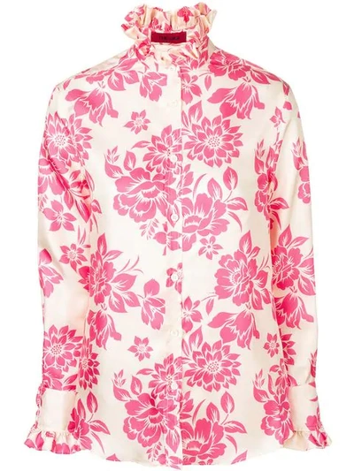 Shop The Gigi Ruffled Neck Floral Print Blouse In Pink