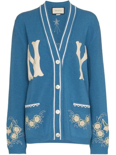 Shop Gucci Ny Yankees Patch Embroidered Wool Cardigan In Blue