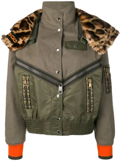 Shop Dolce & Gabbana Leopard Print Panelled Bomber Jacket In Green