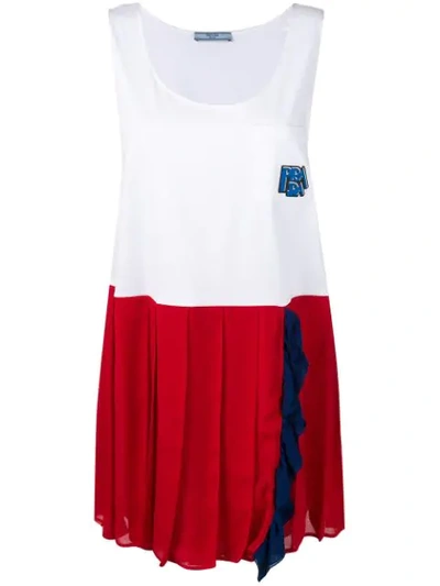 Shop Prada Ruffle Trim Pleated Shift Dress In White ,red
