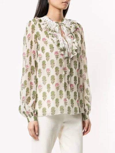 Shop Giambattista Valli Floral Ruffle Blouse In Neutrals