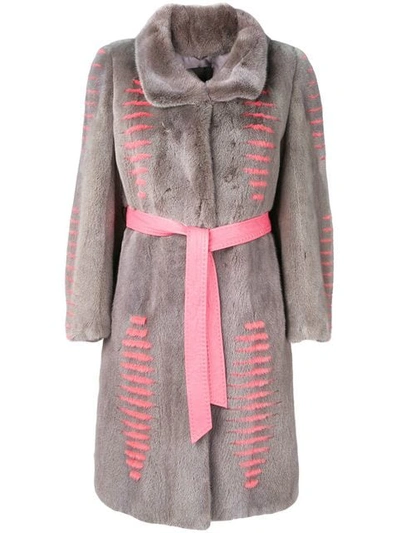 Shop Liska Judit Belted Fur Coat In Grey