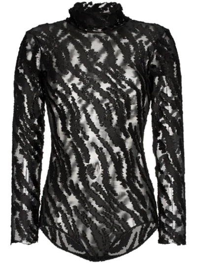 Shop Alexia Hentsch High Neck Metallic Tiger Stripe Mesh Bodysuit In Black