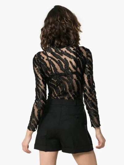 Shop Alexia Hentsch High Neck Metallic Tiger Stripe Mesh Bodysuit In Black