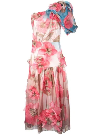 Shop Peter Pilotto One Shoulder Floral Embroidered Dress In Pink