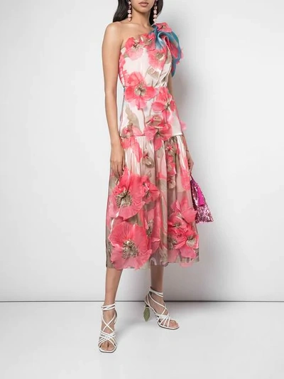 Shop Peter Pilotto One Shoulder Floral Embroidered Dress In Pink