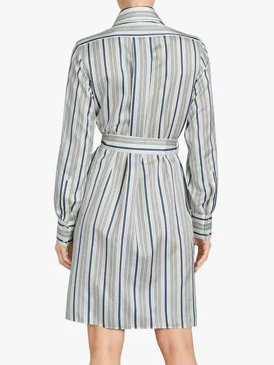 Shop Burberry Striped Silk Shirt Dress In White