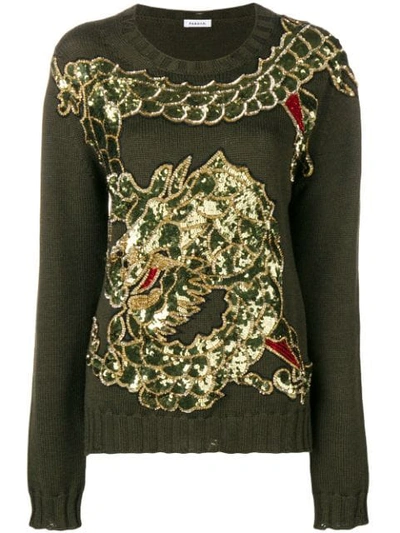 Shop P.a.r.o.s.h Dragon Sequin Embroidered Jumper In Green