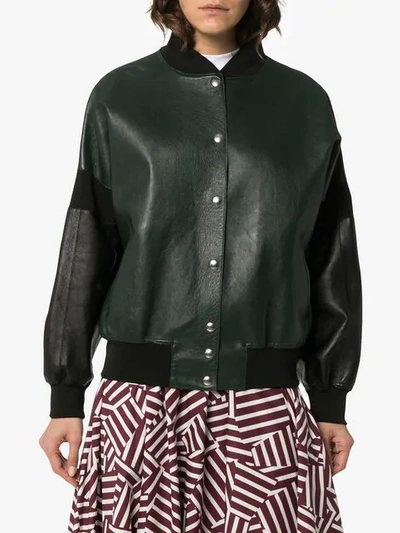 Shop Plan C Contrast Sleeve Button Down Leather Bomber Jacket In Green