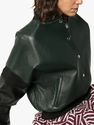 Shop Plan C Contrast Sleeve Button Down Leather Bomber Jacket In Green
