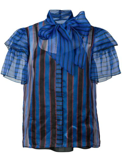 Shop Alice And Olivia Striped Ruffle Blouse In Blue