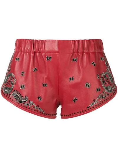 SAINT LAURENT 头巾花纹刺绣短裤 - 红色