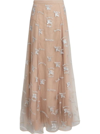 Shop Burberry Equestrian Knight Embroidered Tulle Skirt In Neutrals