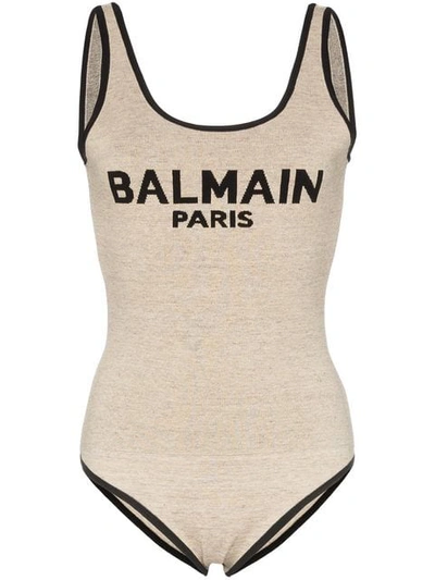 Shop Balmain Sleeveless Logo Intarsia Linen Blend Body In Neutrals
