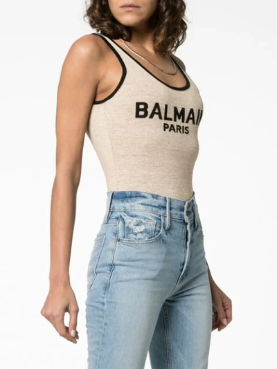Shop Balmain Sleeveless Logo Intarsia Linen Blend Body In Neutrals