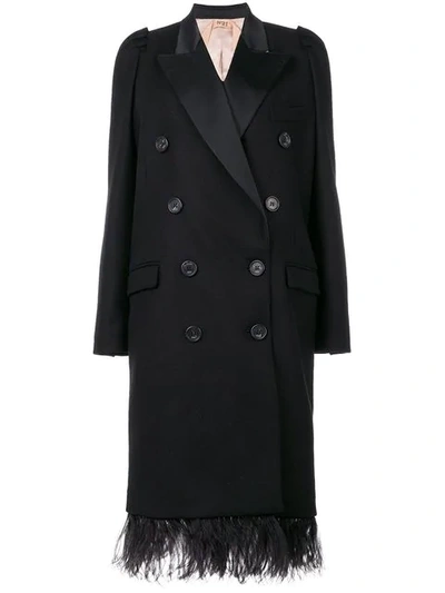 Shop N°21 Double Breasted Coat With Feathered Hem In Black