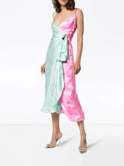 Shop Attico Two-tone Jacquard Wrap-around Slip Dress In Green