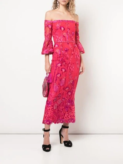 Shop Marchesa Notte Floral Midi Dress In Red
