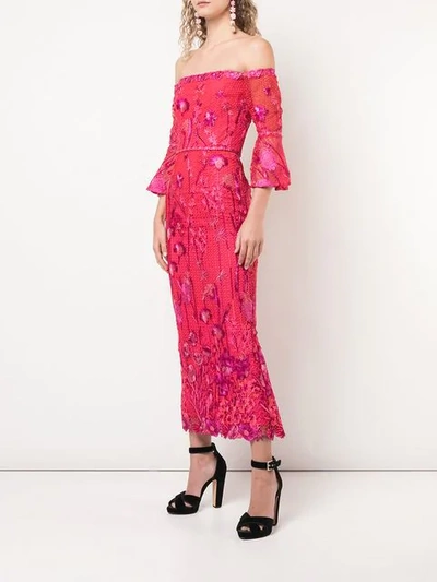 Shop Marchesa Notte Floral Midi Dress In Red