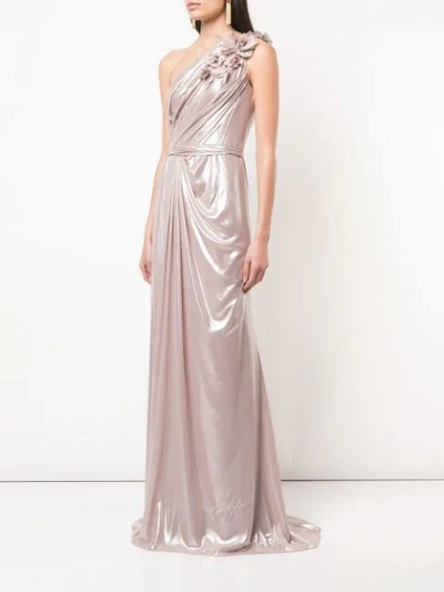 Shop Marchesa One-shoulder Ruched Dress In Rose Gold