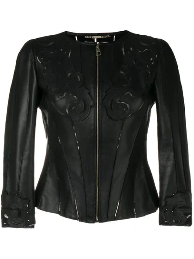 Shop Versace Baroque Stencil Cut Leather Jacket In Black